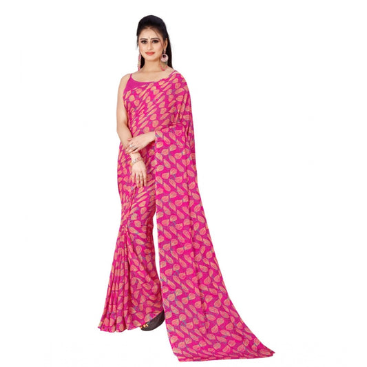 Amfyn Women's Poly Georgette Printed Saree Without Blouse (Pink)