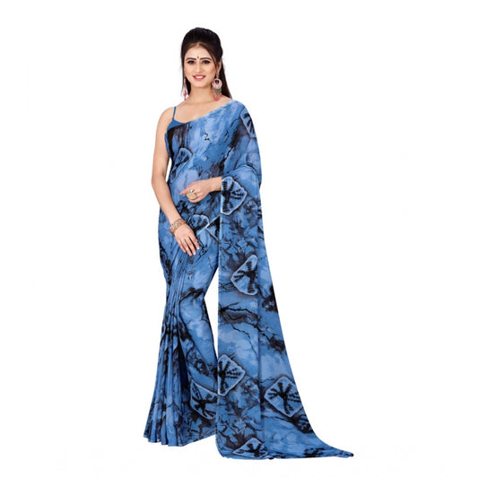 Amfyn Women's Poly Georgette Printed Saree Without Blouse (Blue)