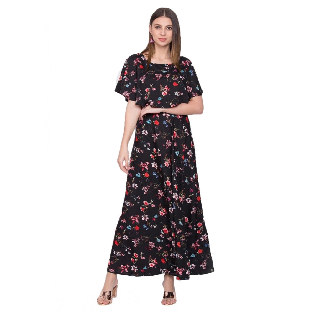 Amfyn Women's Crepe Floral Half Sleeves Full Length Gown(Black)