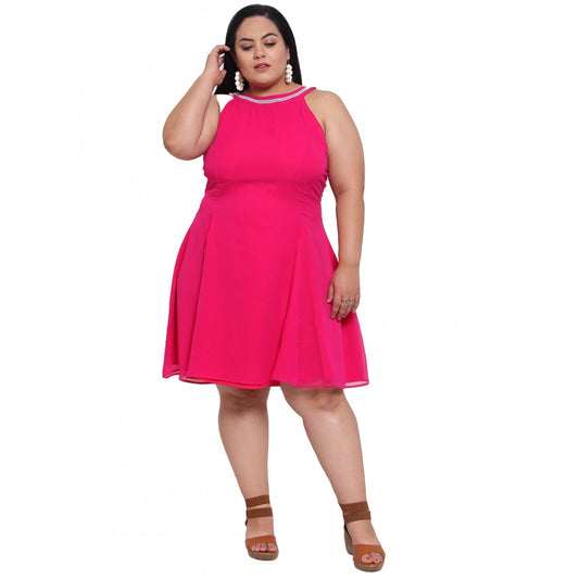 Amfyn Women's Georgette Solid Knee Length Fit and Flare Dress (Pink)