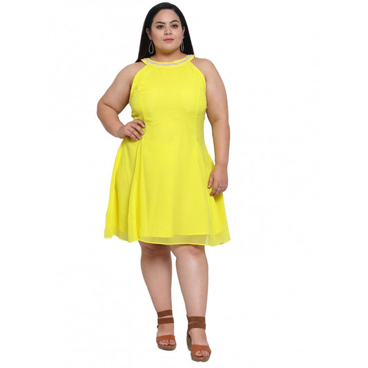 Amfyn Women's Georgette Solid Knee Length Fit and Flare Dress (Yellow)