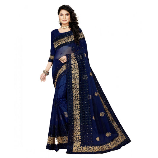 Amfyn Women's Net Saree With Blouse (Navy Blue, 5-6Mtrs)