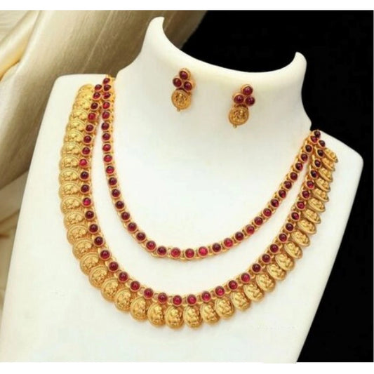 Fashion Women's Ethnic Double Line Laxmi Coin Jewellery Set (Red, Free Size)