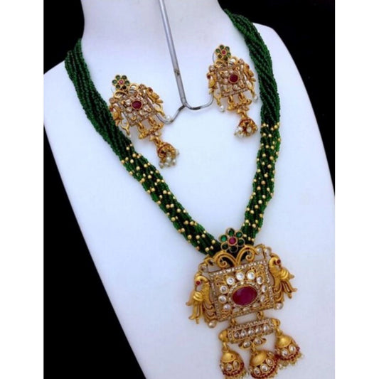 Fashion Women's Elite Moti Mala Ad Pendal Jewellery Set (Green, Free Size)