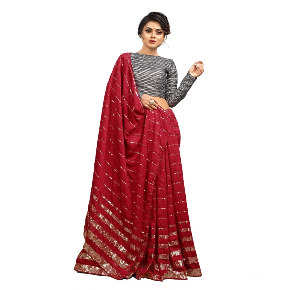 Amfyn Women's Vichitra Saree with Blouse (Red, 5-6 Mtrs)