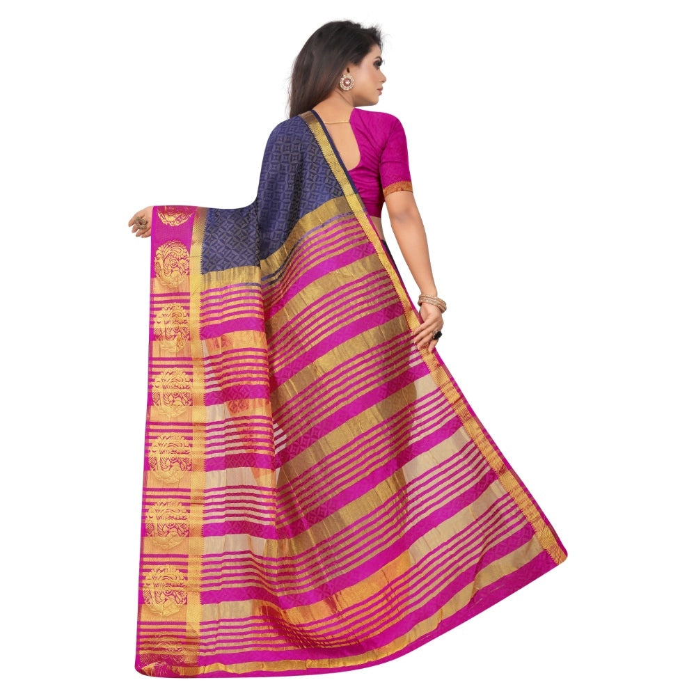Amfyn Women's Kanjivaram Silk Saree With Unstitched Blouse Piece (Navy Blue, 5-6 Mtrs)