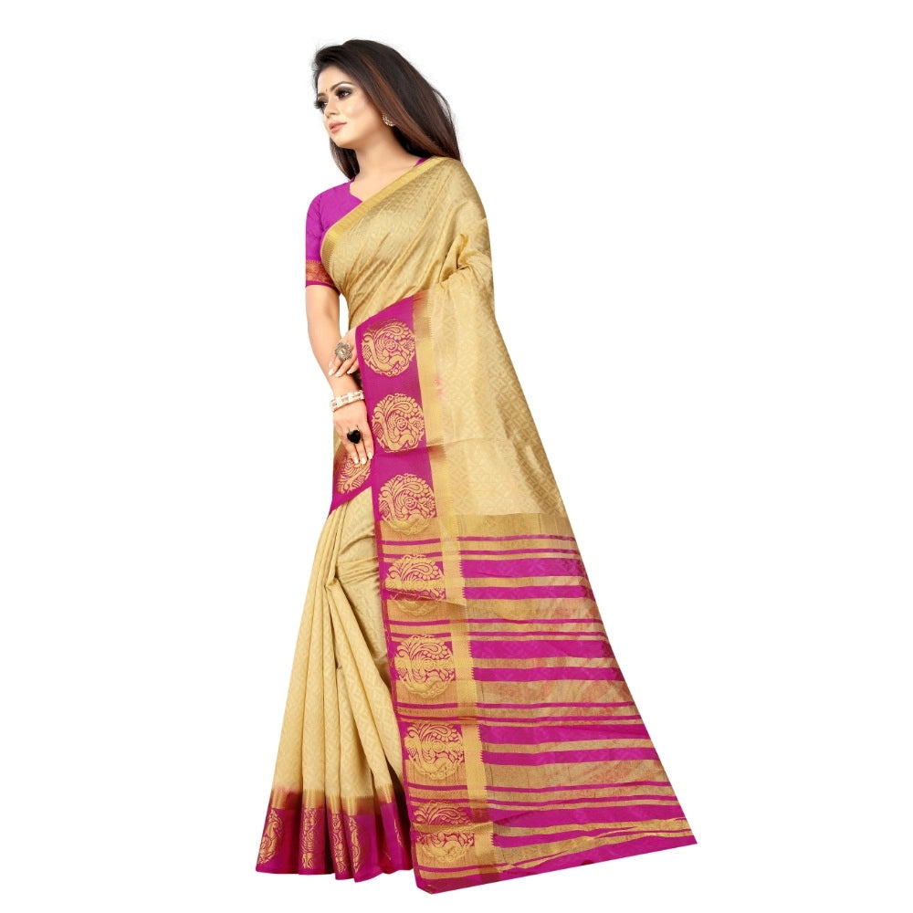 Amfyn Women's Kanjivaram Silk Saree With Unstitched Blouse Piece (Beige, 5-6 Mtrs)