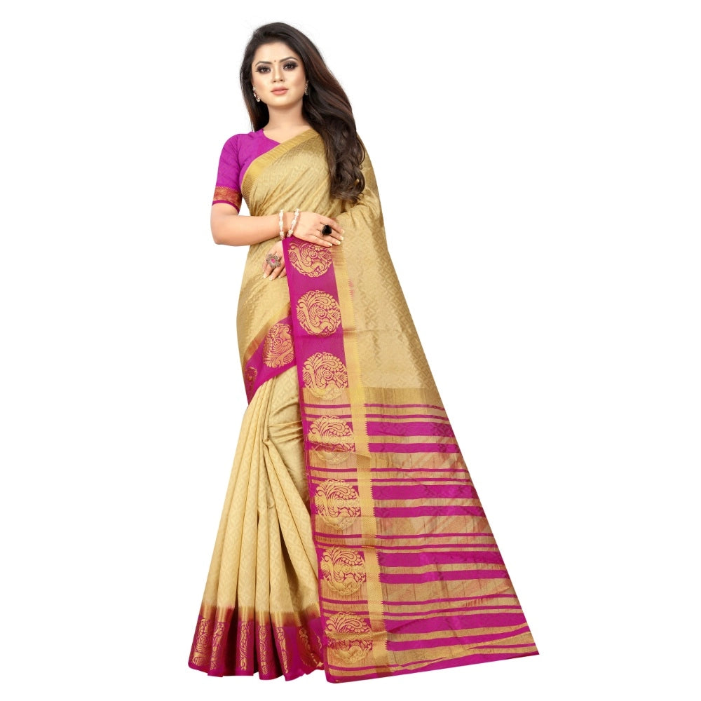 Amfyn Women's Kanjivaram Silk Saree With Unstitched Blouse Piece (Beige, 5-6 Mtrs)