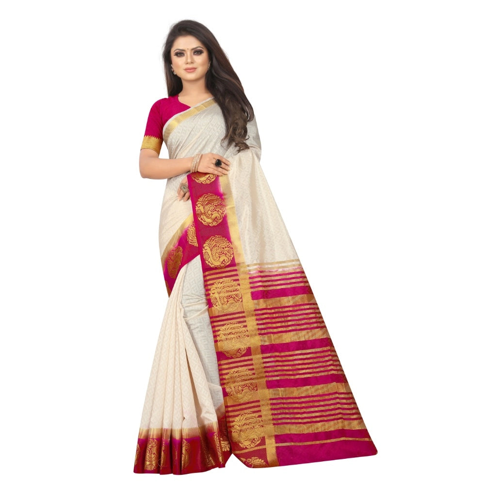 Amfyn Women's Kanjivaram Silk Saree With Unstitched Blouse Piece (White, 5-6 Mtrs)