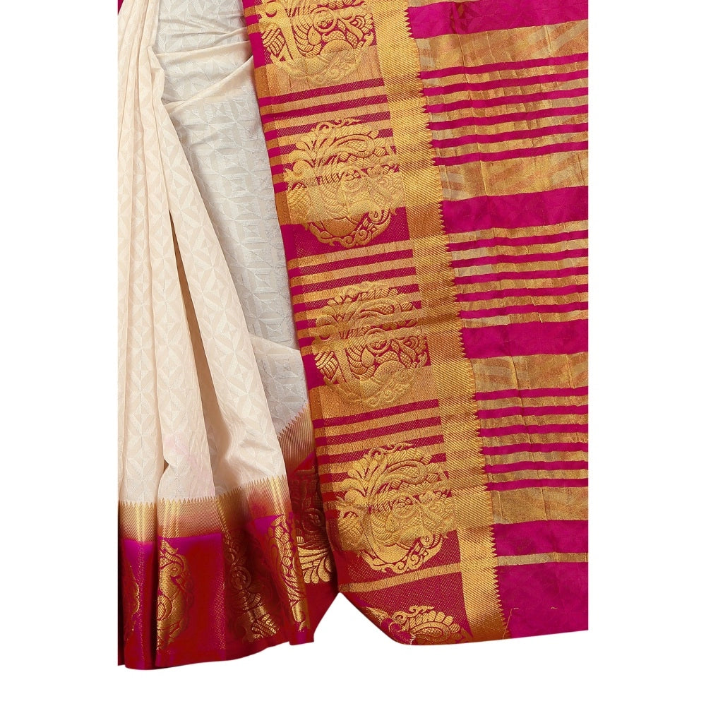 Amfyn Women's Kanjivaram Silk Saree With Unstitched Blouse Piece (White, 5-6 Mtrs)
