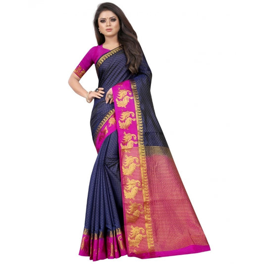 Amfyn Women's Kanjivaram Silk Saree With Unstitched Blouse Piece (Navy Blue, 5-6 Mtrs)