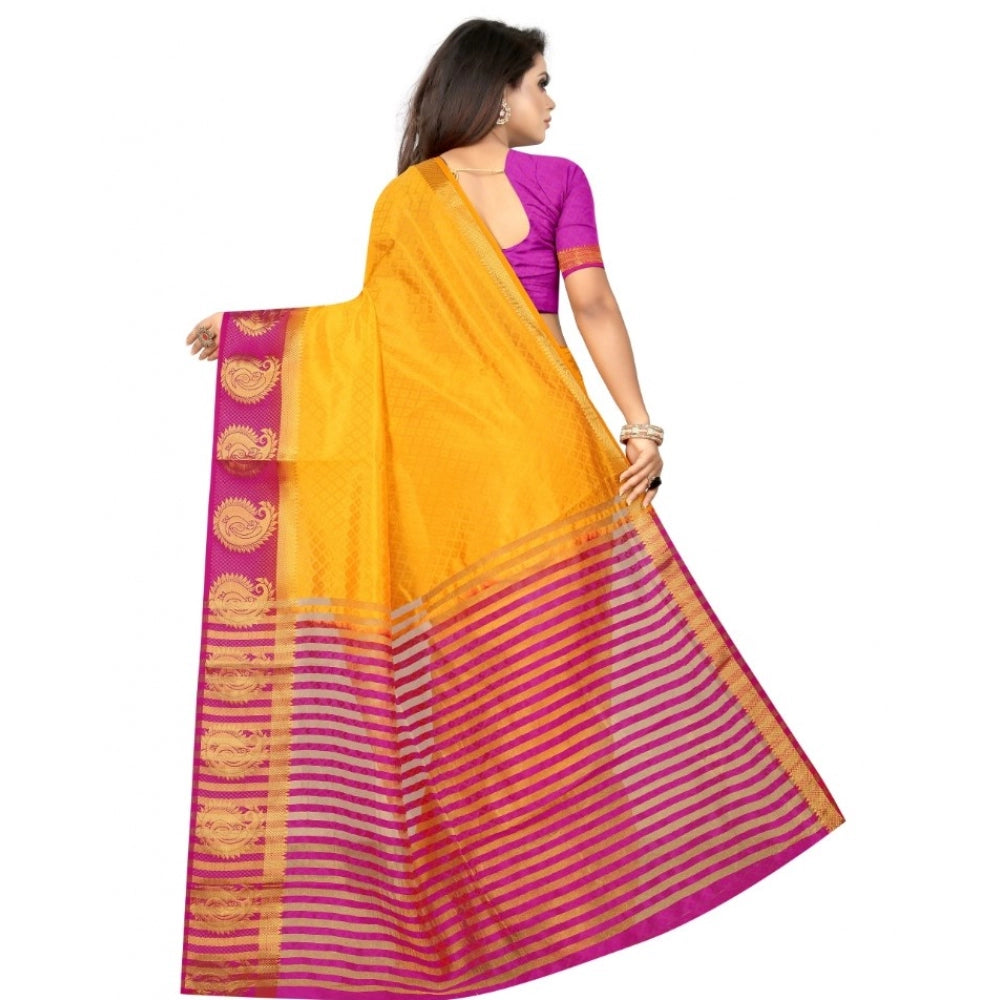 Amfyn Women's Kanjivaram Silk Saree With Unstitched Blouse Piece (Yellow, 5-6 Mtrs)