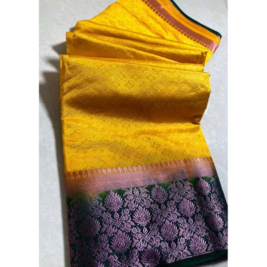 Amfyn Women's Kanjivaram Silk Saree With Unstitched Blouse Piece (Yellow, 5-6 Mtrs)
