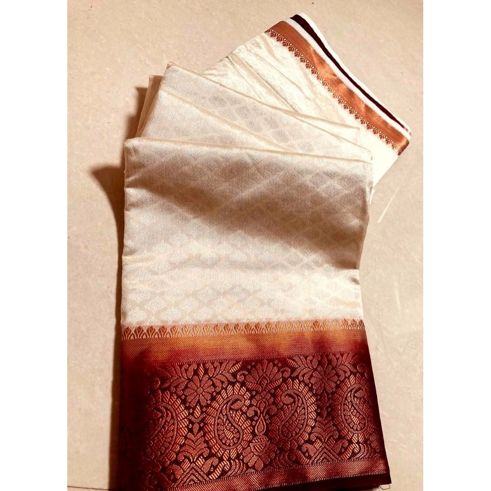 Amfyn Women's Kanjivaram Silk Saree With Unstitched Blouse Piece (White, 5-6 Mtrs)