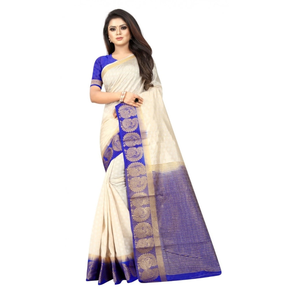 Amfyn Women's Kanjivaram Silk Saree With Unstitched Blouse Piece (White, 5-6 Mtrs)