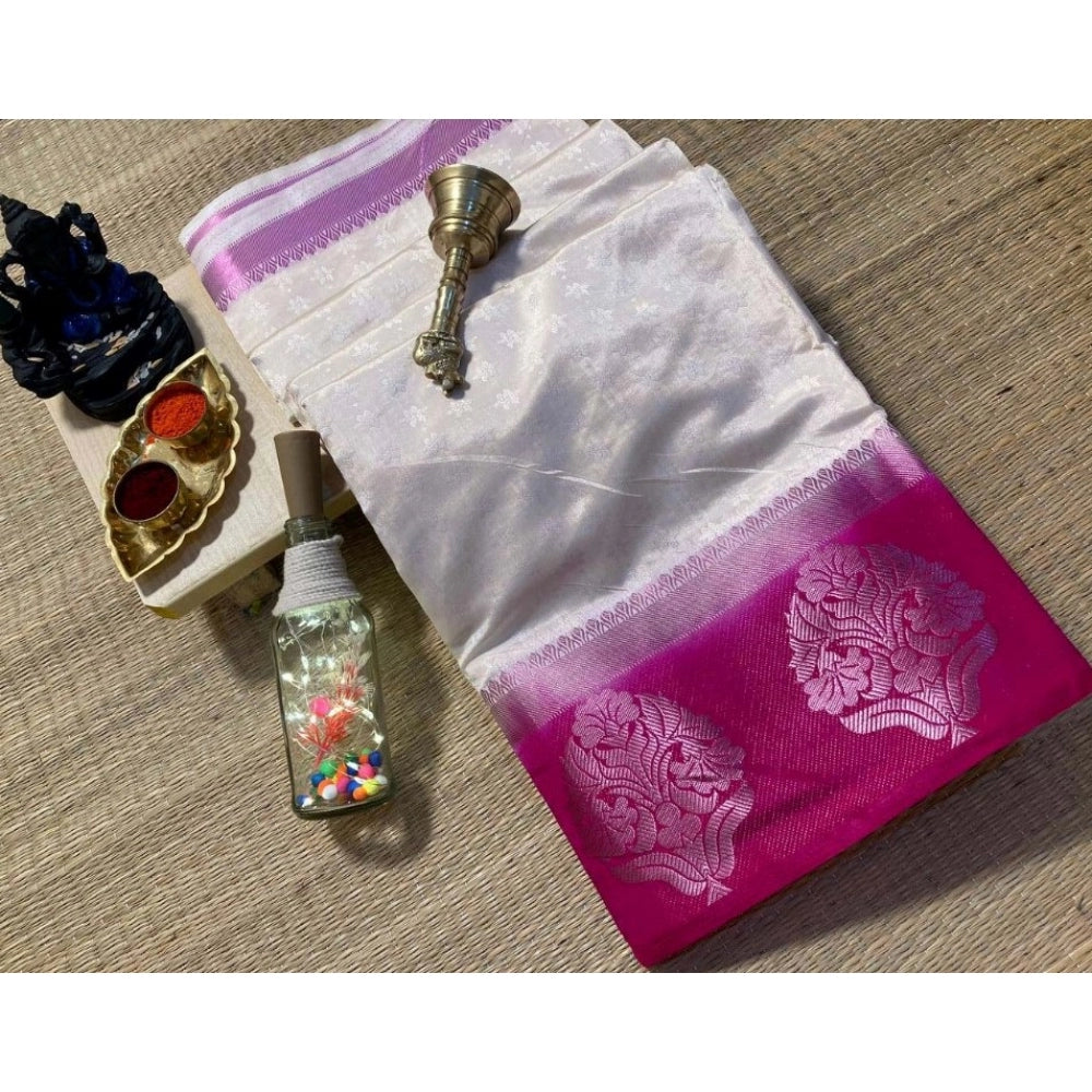 Amfyn Women's Kanjivaram Silk Saree With Unstitched Blouse Piece (White, 5-6 Mtrs)