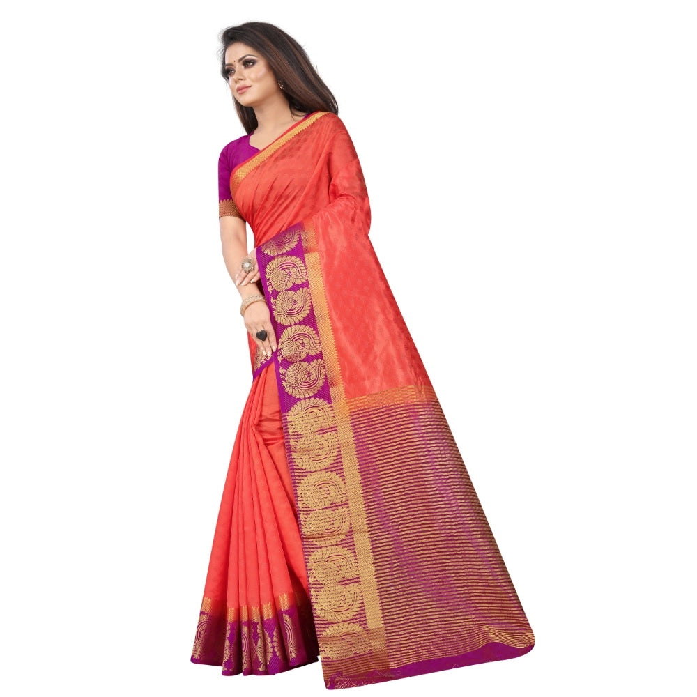 Amfyn Women's Kanjivaram Silk Saree With Unstitched Blouse Piece (Peach, 5-6 Mtrs)