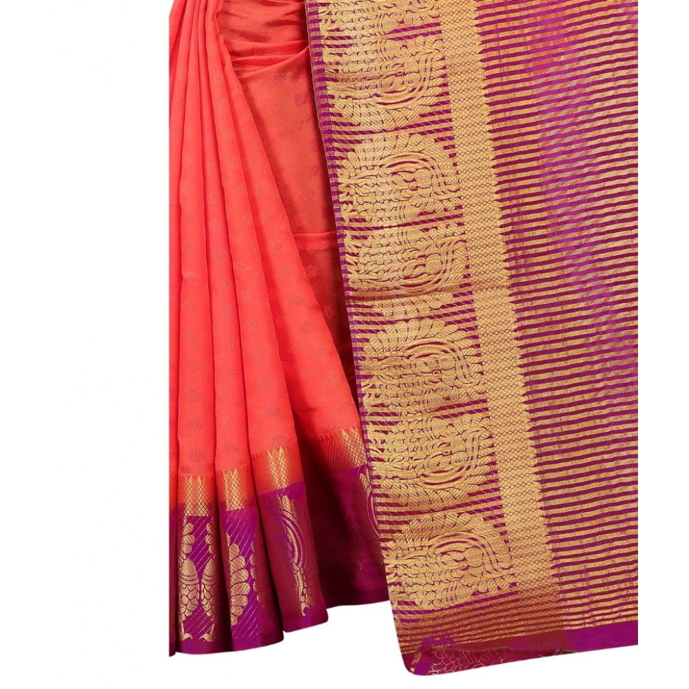 Amfyn Women's Kanjivaram Silk Saree With Unstitched Blouse Piece (Peach, 5-6 Mtrs)