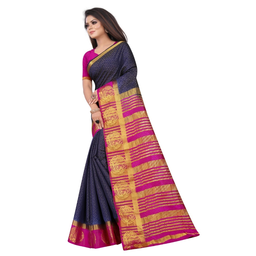 Amfyn Women's Kanjivaram Silk Saree With Unstitched Blouse Piece (Navy Blue, 5-6 Mtrs)