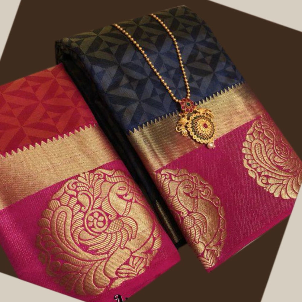 Amfyn Women's Kanjivaram Silk Saree With Unstitched Blouse Piece (Navy Blue, 5-6 Mtrs)