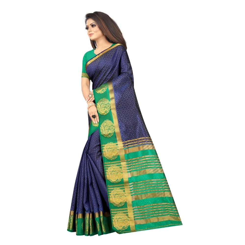 Amfyn Women's Kanjivaram Silk Saree With Unstitched Blouse Piece (Blue, 5-6 Mtrs)