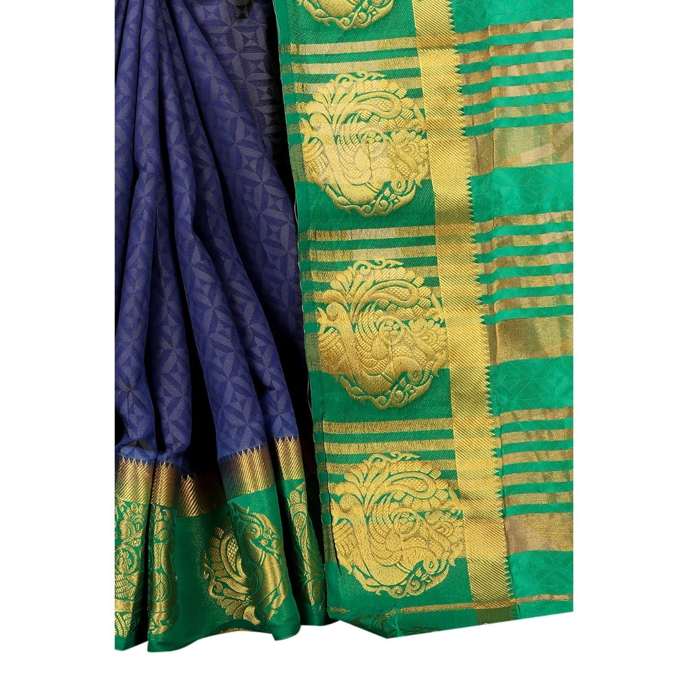Amfyn Women's Kanjivaram Silk Saree With Unstitched Blouse Piece (Blue, 5-6 Mtrs)