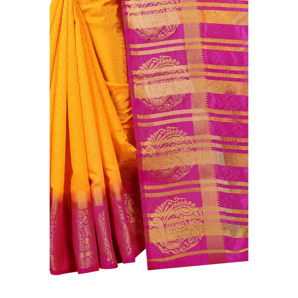 Amfyn Women's Kanjivaram Silk Saree With Unstitched Blouse Piece (Yellow, 5-6 Mtrs)