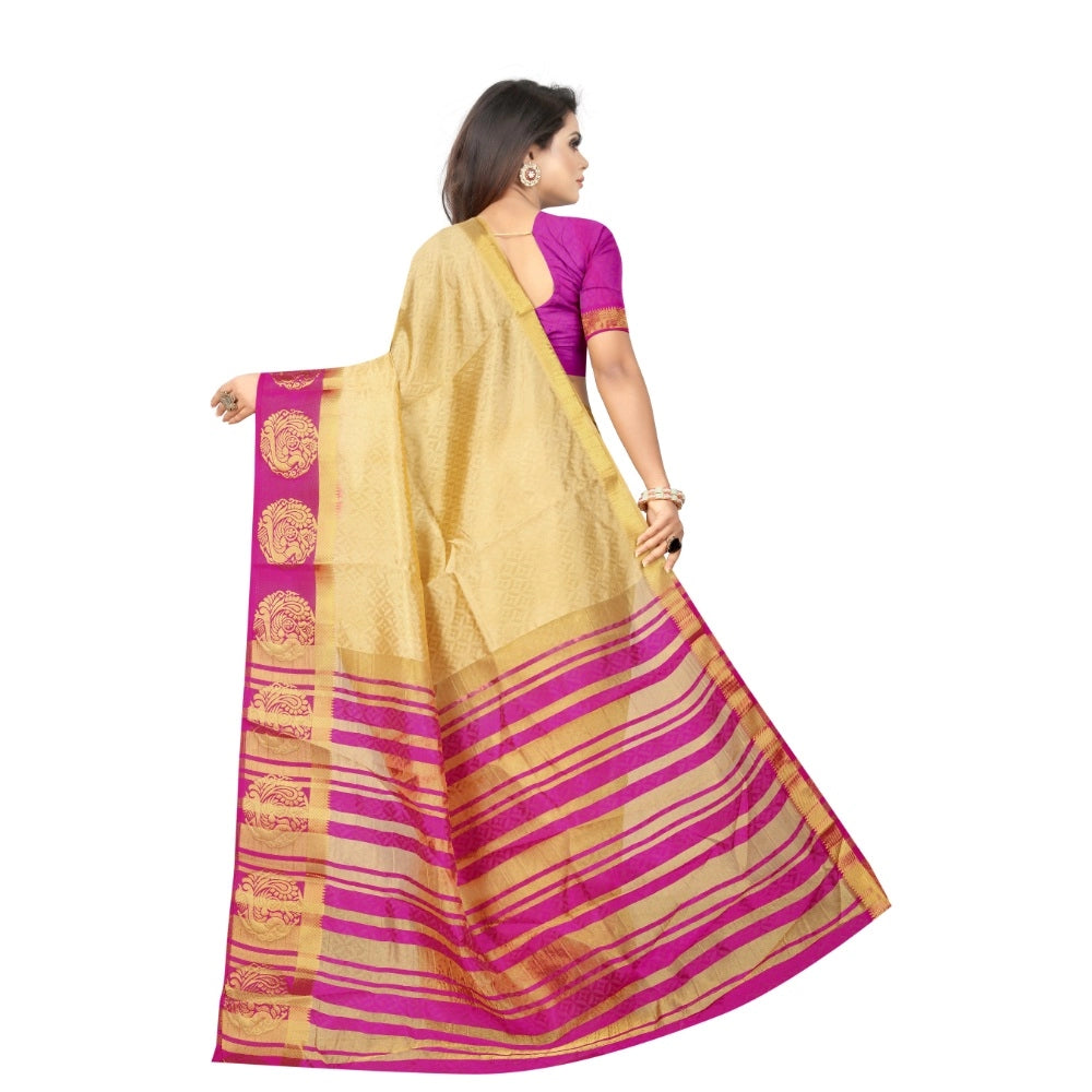 Amfyn Women's Kanjivaram Silk Saree With Unstitched Blouse Piece (Beige, 5-6 Mtrs)