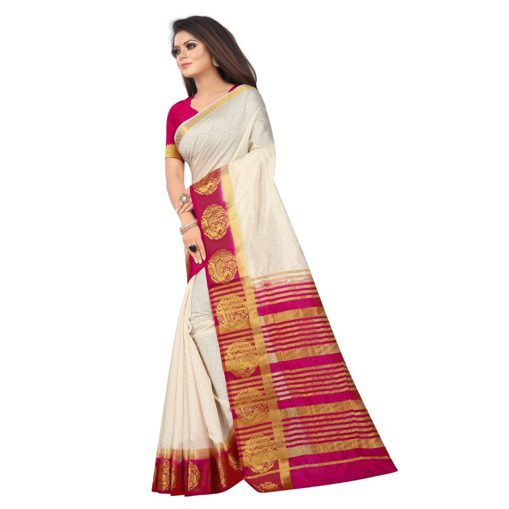Amfyn Women's Kanjivaram Silk Saree With Unstitched Blouse Piece (White, 5-6 Mtrs)