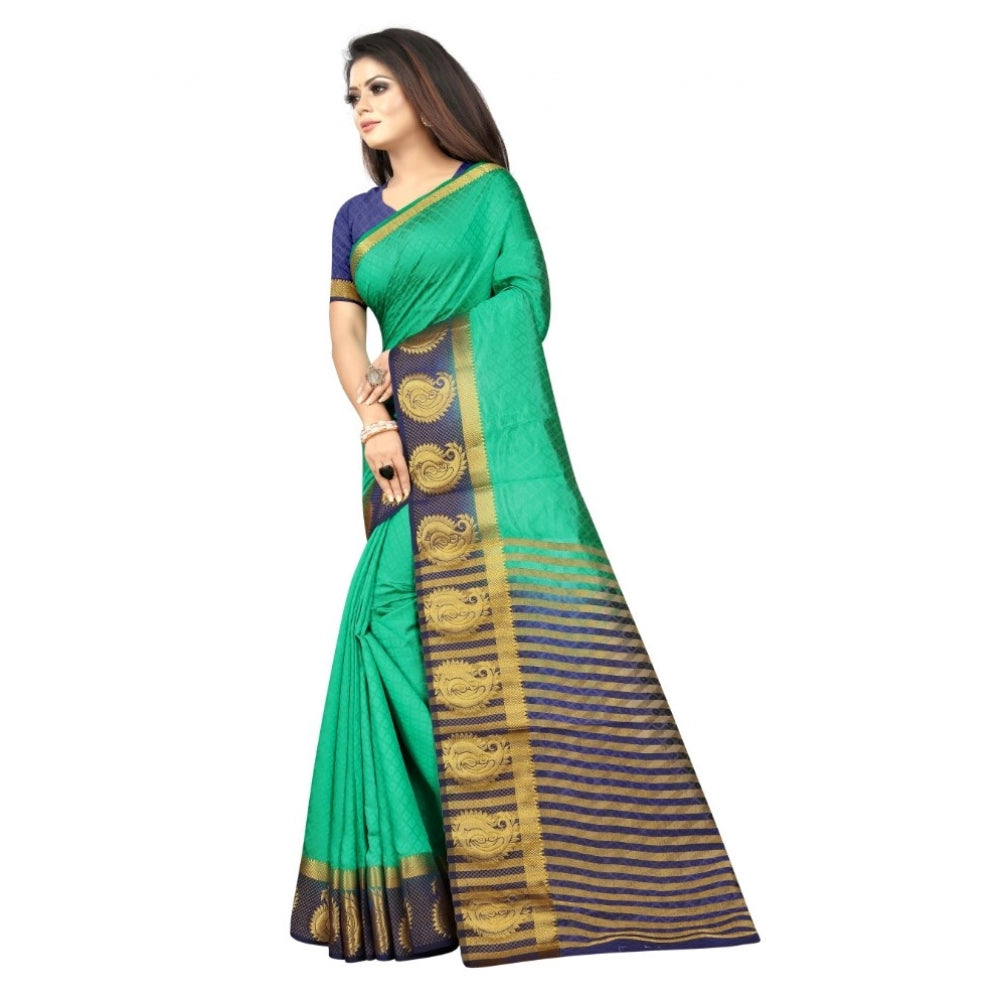 Amfyn Women's Kanjivaram Silk Saree With Unstitched Blouse Piece (Turquoise Green, 5-6 Mtrs)