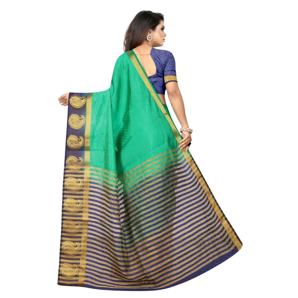 Amfyn Women's Kanjivaram Silk Saree With Unstitched Blouse Piece (Turquoise Green, 5-6 Mtrs)