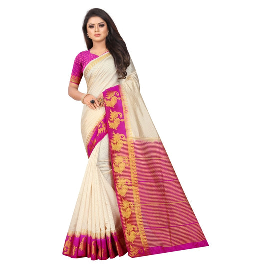 Amfyn Women's Kanjivaram Silk Saree With Unstitched Blouse Piece (White, 5-6 Mtrs)