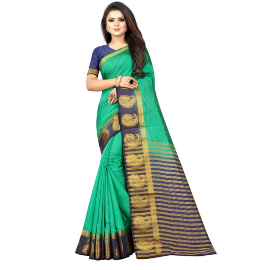 Amfyn Women's Kanjivaram Silk Saree With Unstitched Blouse Piece (Turquoise Green, 5-6 Mtrs)