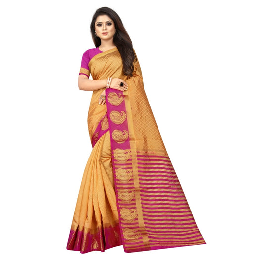 Amfyn Women's Kanjivaram Silk Saree With Unstitched Blouse Piece (Beige, 5-6 Mtrs)