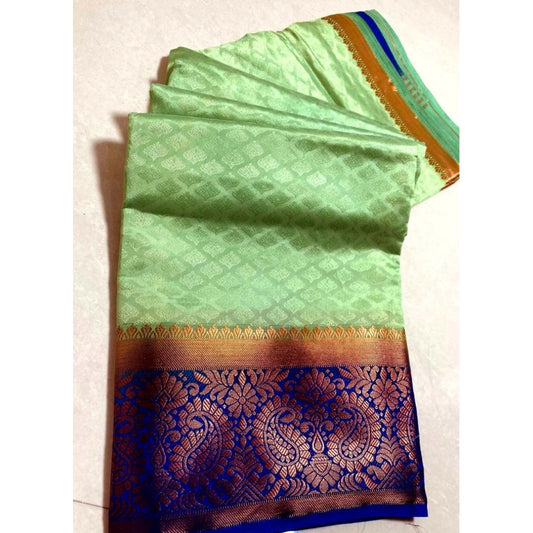 Amfyn Women's Kanjivaram Silk Saree With Unstitched Blouse Piece (Light Green, 5-6 Mtrs)