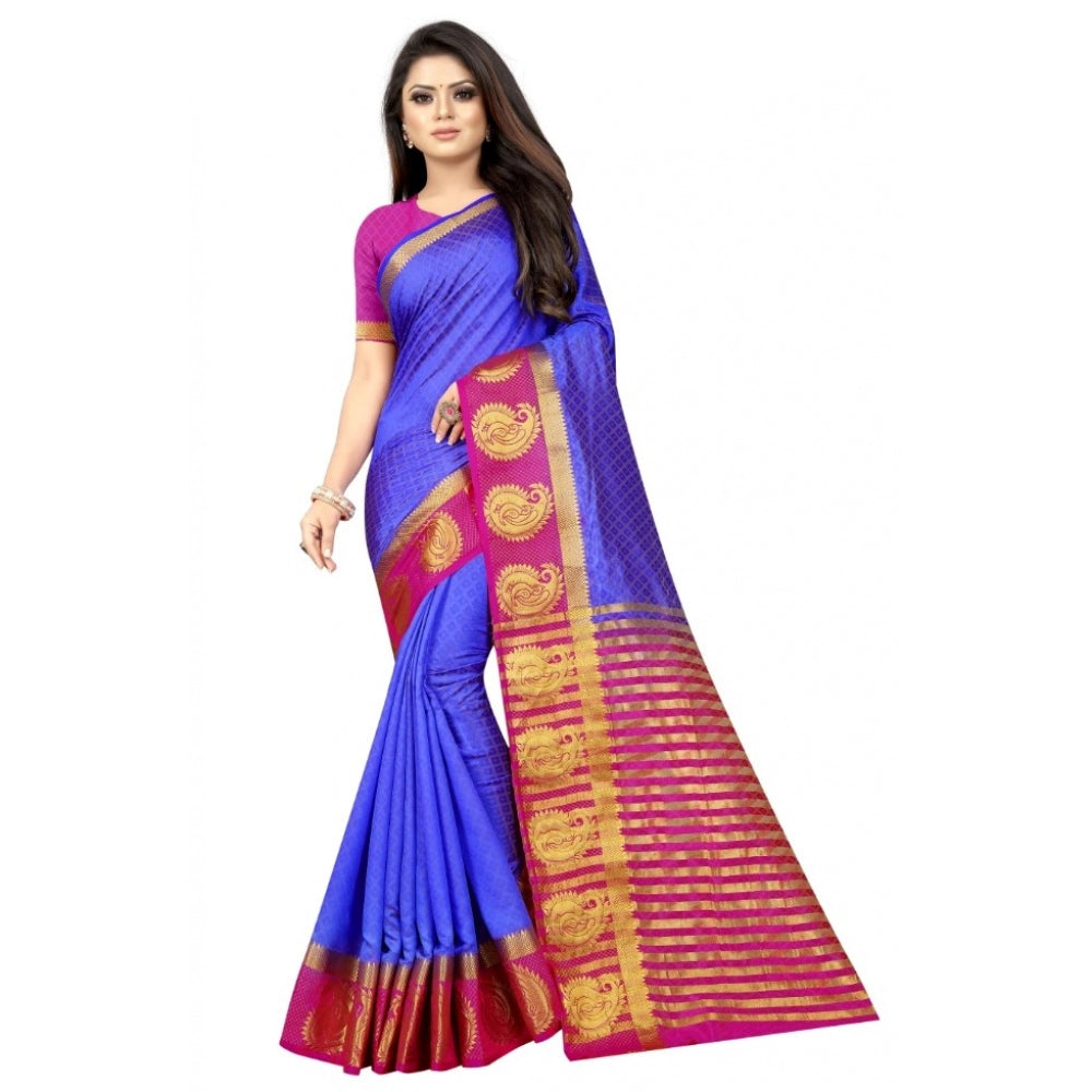 Amfyn Women's Kanjivaram Silk Saree With Unstitched Blouse Piece (Blue, 5-6 Mtrs)