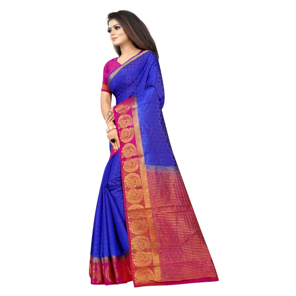 Amfyn Women's Kanjivaram Silk Saree With Unstitched Blouse Piece (Blue, 5-6 Mtrs)