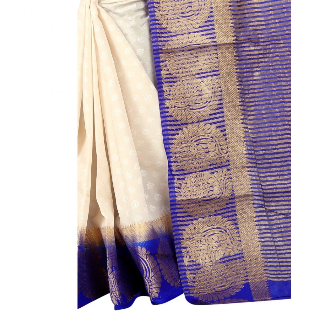Amfyn Women's Kanjivaram Silk Saree With Unstitched Blouse Piece (White, 5-6 Mtrs)