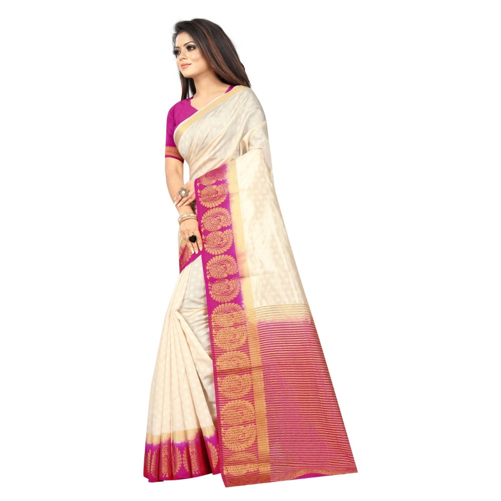 Amfyn Women's Kanjivaram Silk Saree With Unstitched Blouse Piece (White, 5-6 Mtrs)