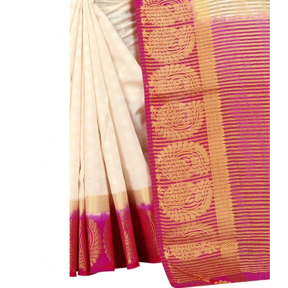 Amfyn Women's Kanjivaram Silk Saree With Unstitched Blouse Piece (White, 5-6 Mtrs)