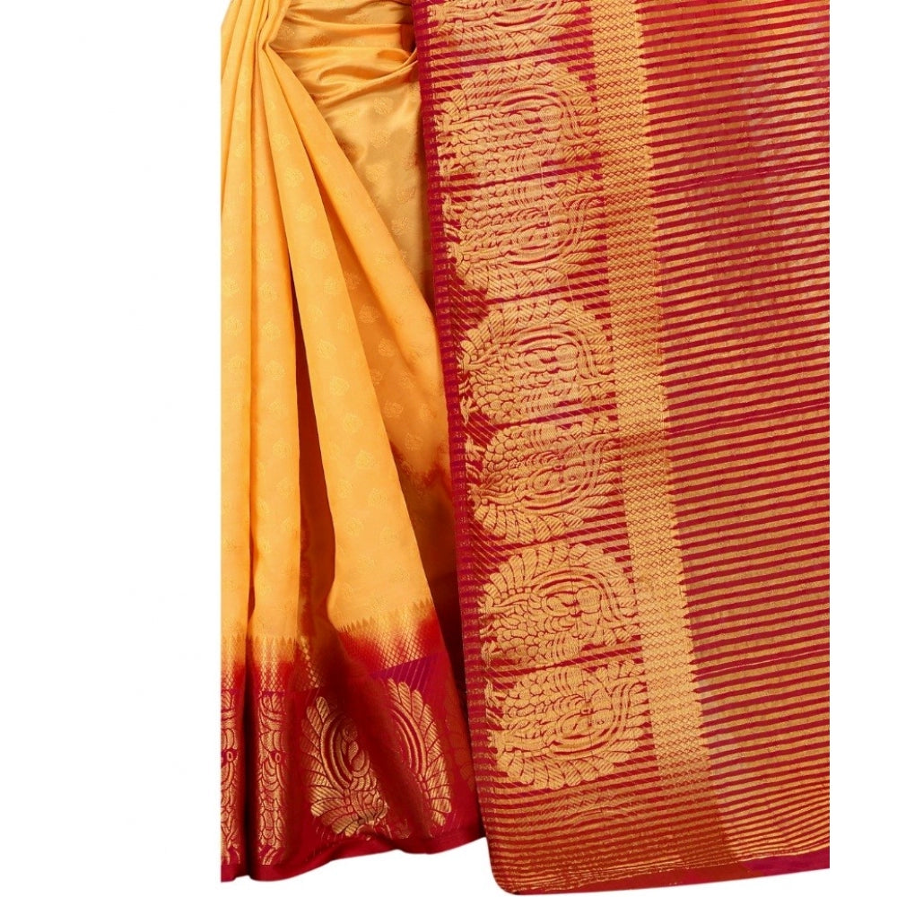 Amfyn Women's Kanjivaram Silk Saree With Unstitched Blouse Piece (Yellow, 5-6 Mtrs)