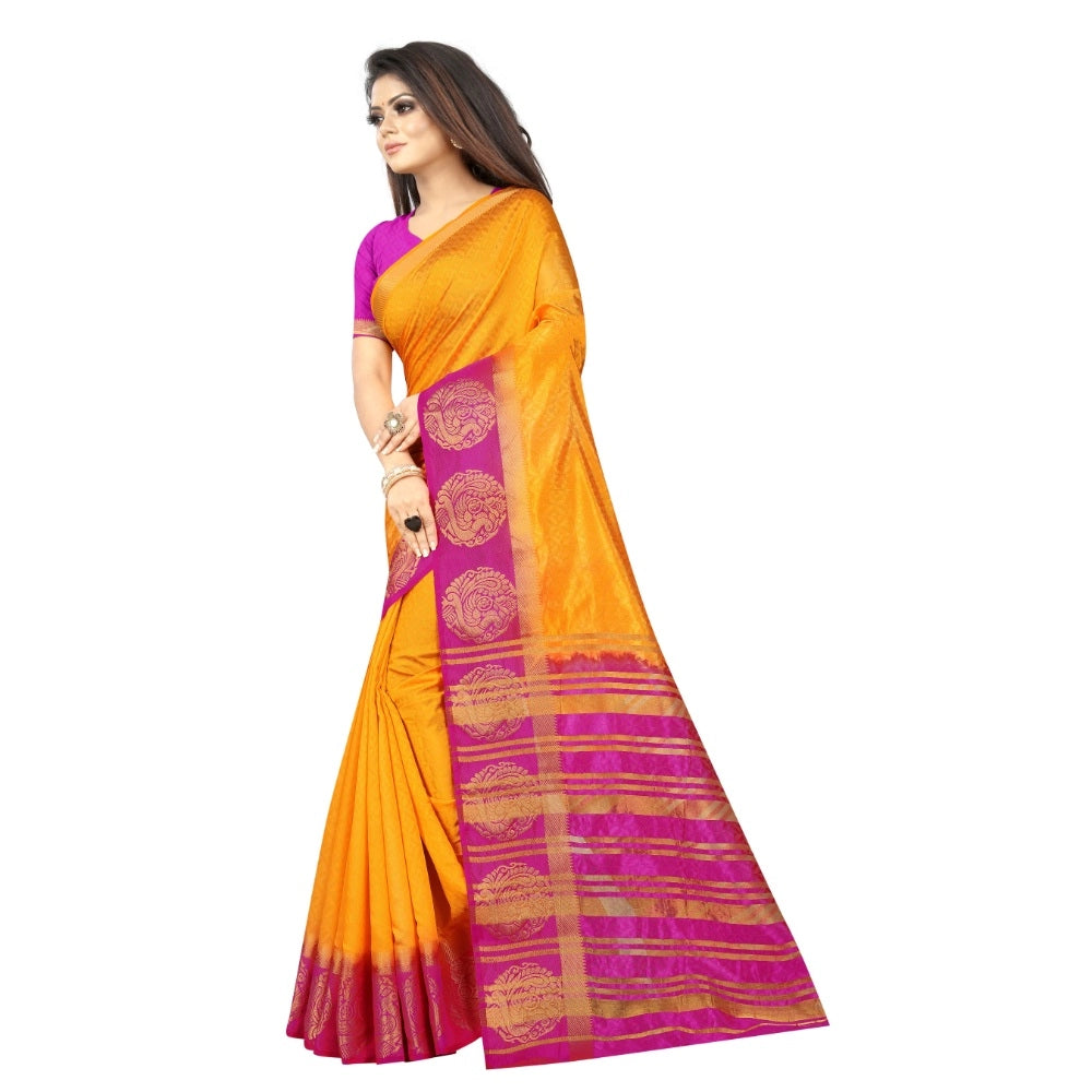 Amfyn Women's Kanjivaram Silk Saree With Unstitched Blouse Piece (Yellow, 5-6 Mtrs)