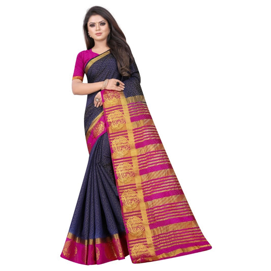 Amfyn Women's Kanjivaram Silk Saree With Unstitched Blouse Piece (Navy Blue, 5-6 Mtrs)