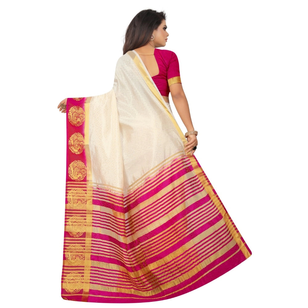 Amfyn Women's Kanjivaram Silk Saree With Unstitched Blouse Piece (White, 5-6 Mtrs)