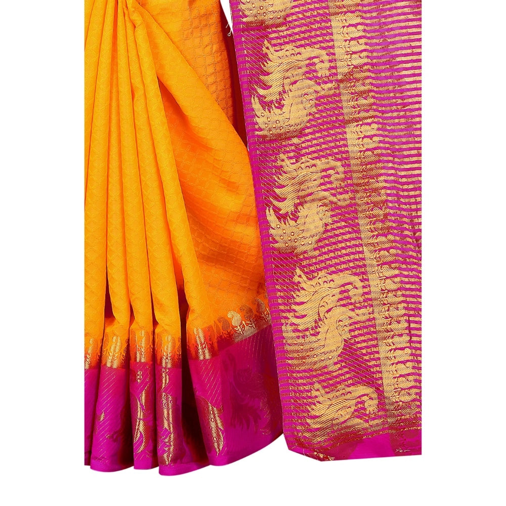Amfyn Women's Kanjivaram Silk Saree With Unstitched Blouse Piece (Yellow, 5-6 Mtrs)