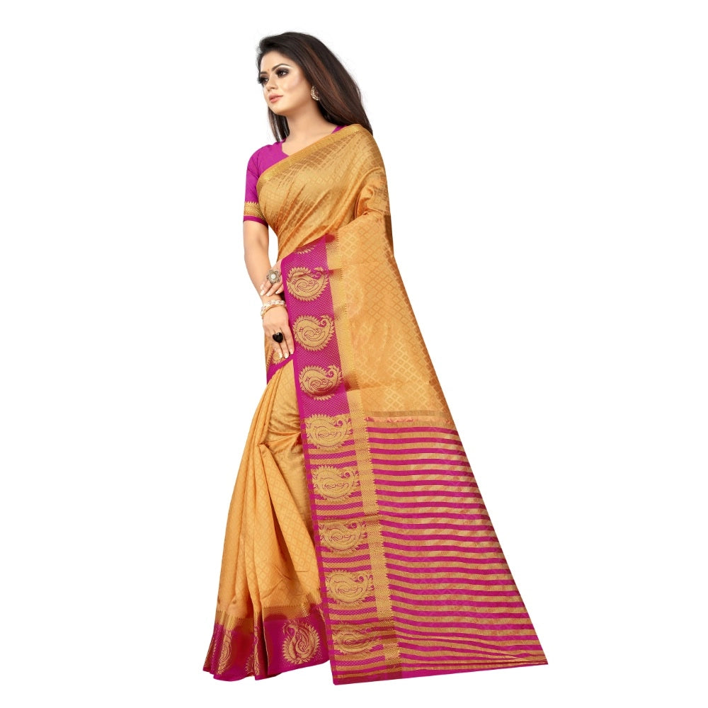 Amfyn Women's Kanjivaram Silk Saree With Unstitched Blouse Piece (Beige, 5-6 Mtrs)