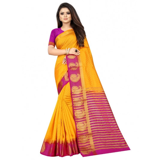 Amfyn Women's Kanjivaram Silk Saree With Unstitched Blouse Piece (Yellow, 5-6 Mtrs)