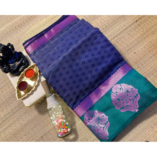 Amfyn Women's Kanjivaram Silk Saree With Unstitched Blouse Piece (Blue, 5-6 Mtrs)