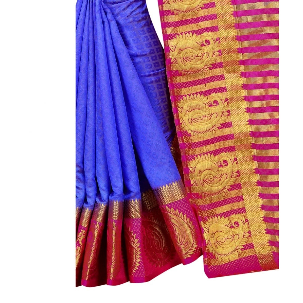 Amfyn Women's Kanjivaram Silk Saree With Unstitched Blouse Piece (Blue, 5-6 Mtrs)