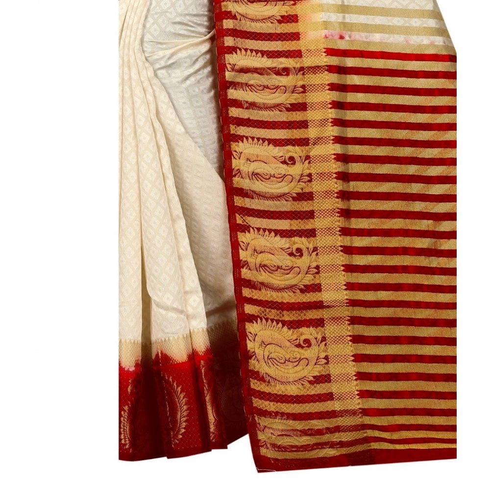 Amfyn Women's Kanjivaram Silk Saree With Unstitched Blouse Piece (White, 5-6 Mtrs)